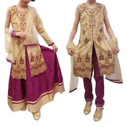 لباس هندی دخترانه چهارتیکه تور گلدوزی خاص مجالس  سایز نوجوان در دوسایز طراحی شده 