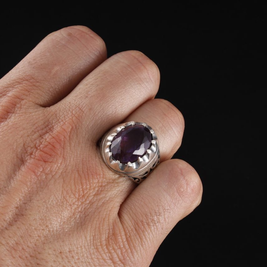 انگشتر نقره مردانه آمیتیست تراش زیبای اصل ( انگشتر مردانه )