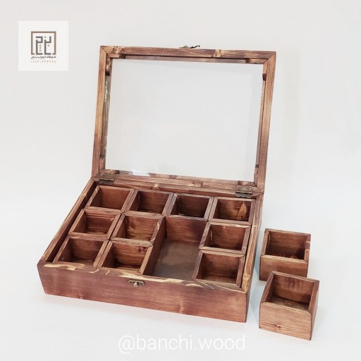 جعبه ادویه‌جات (دمنوش ،پذیرایی)چوبی بَنچی
25*35*7 cm،چوب روسی،درب شیشه،