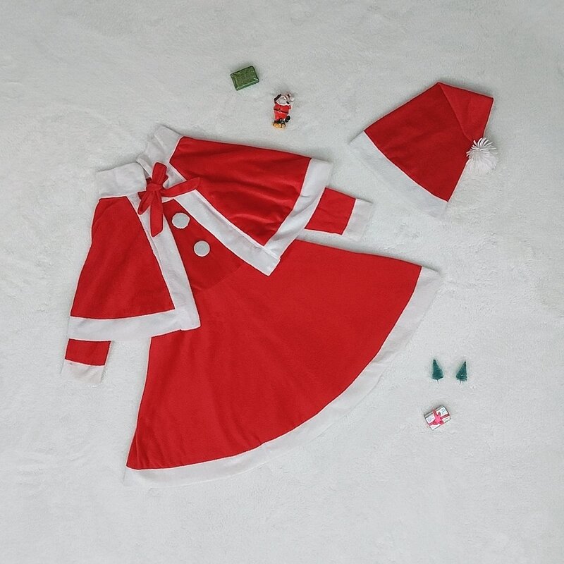 پیراهن کریسمس دخترانه مخمل آینه ای(4تا8سال) به همراه ست کلاه و شنل