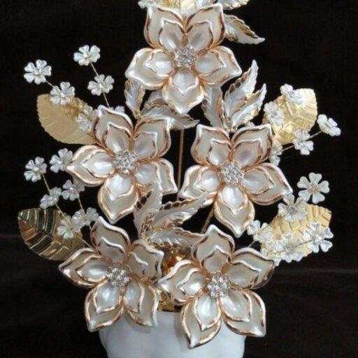 گل کریستالی سفید طلایی با گلدان