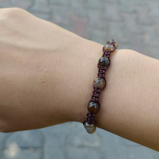 دستبند بافت سنگ عقیق یمنی قهوه ایی