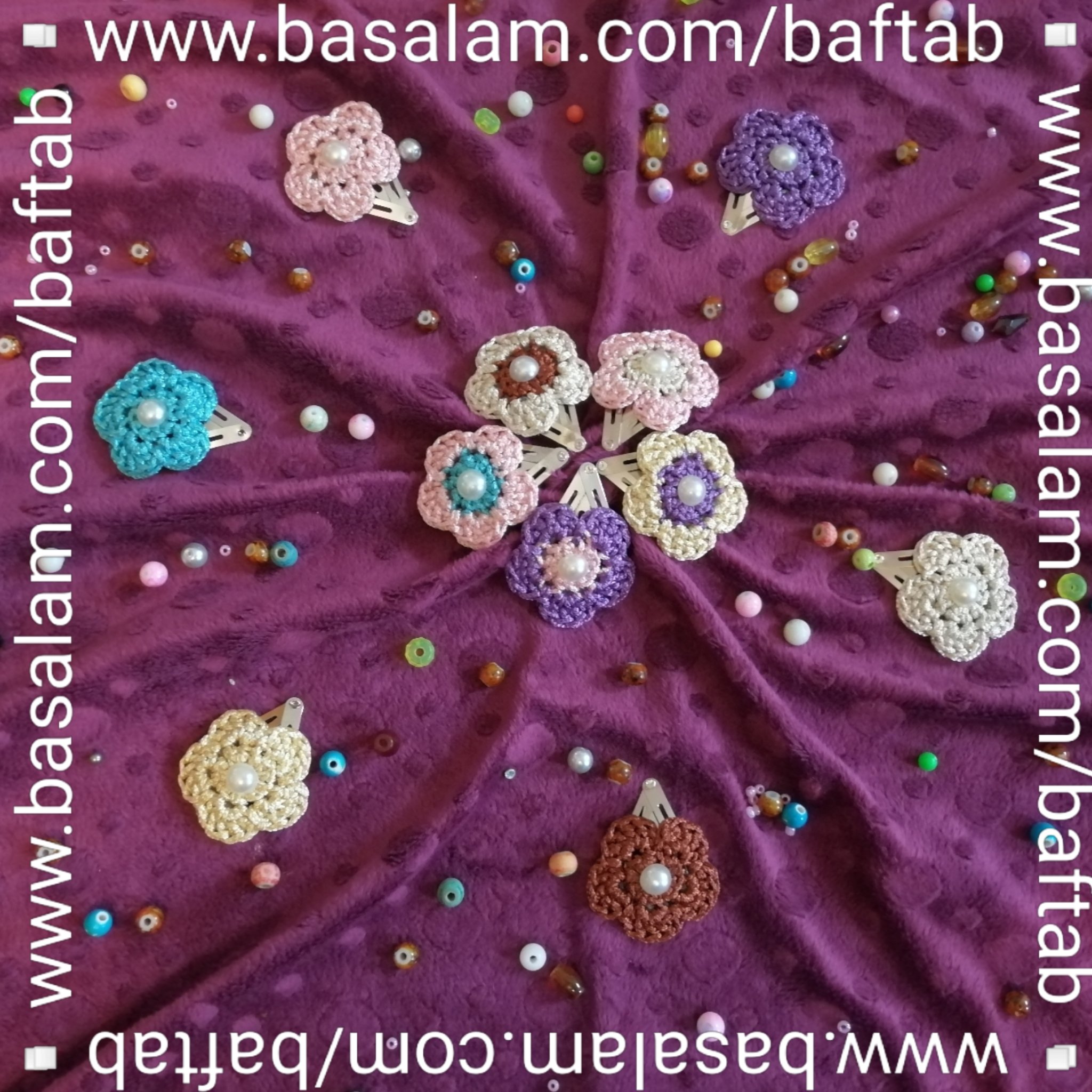 گل سر،بافتنی، طرح بابونه، کد65... رنگ مسی، گیره تق تقی، گل دستباف(گل سر/گیره مو/گلسر)