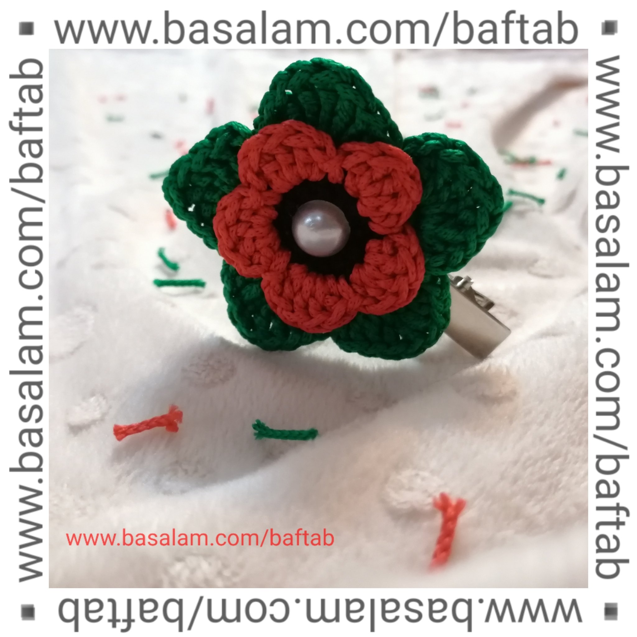 گل سر،بافتنی، طرح دِلسا، کد8151... گیره انبری، گل دستباف، رنگ سبز قرمز (گل سر.گیره مو.گلسر، دلسا)