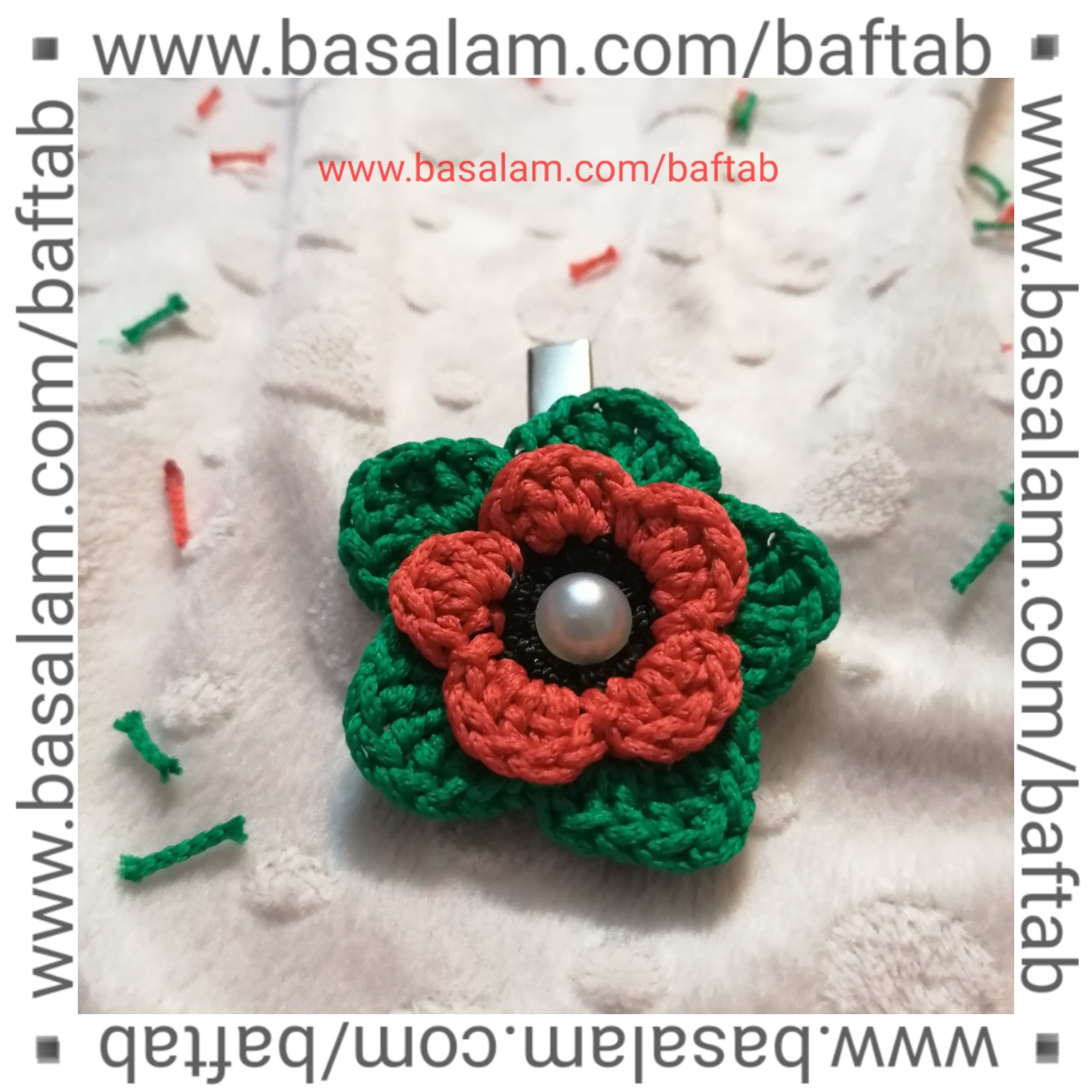 گل سر،بافتنی، طرح دِلسا، کد8151... گیره انبری، گل دستباف، رنگ سبز قرمز (گل سر.گیره مو.گلسر، دلسا)