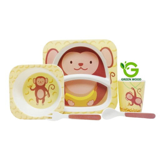 ظرف غذای کودک بامبو فایبر(سرویس غذاخوری-ظرف کودک)ست 5 تکه میمون کد Gw120101030