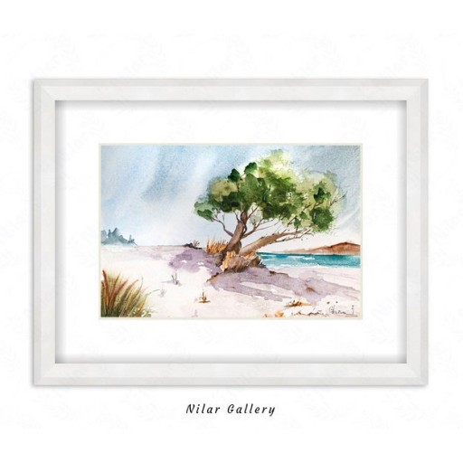 تابلو نقاشی آبرنگ درختکی در باد