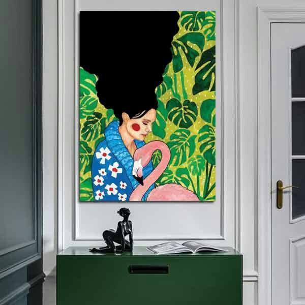 تابلو بوم چاپی لاویا طرح نقاشی ترک زن و مرغ آبی کد ART-1051