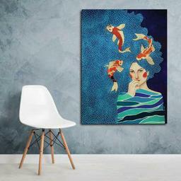 تابلو بوم چاپی لاویا نقاشی ترک طرح زن و ماهی کد ART-1124