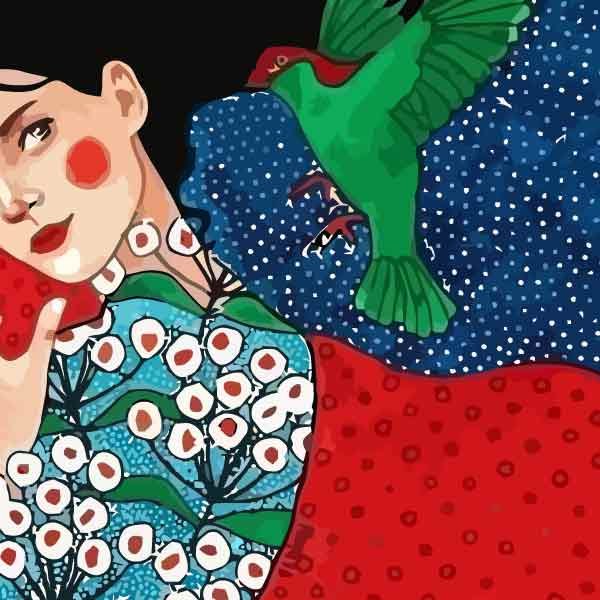 تابلو بوم چاپی لاویا طرح زن ترک و پرنده کد ART-1992