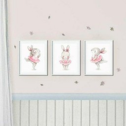 نقاشی سه تیکه فانتزی طرح خرگوش ویژه سیسمونی و اتاق کودک با رنگ آمیزی صورتی