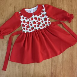 پیراهن دخترانه جنس کرپ فلور طرح توت فرنگی قرمز  سایز 1( مناسب 1 تا 3 سال)