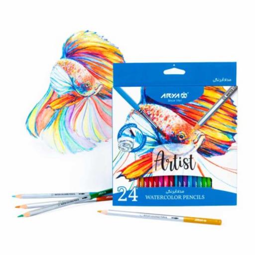 مداد آبرنگی 24 رنگ آریا arya سری ARTIST - جعبه مقوایی - بهمراه قلمو