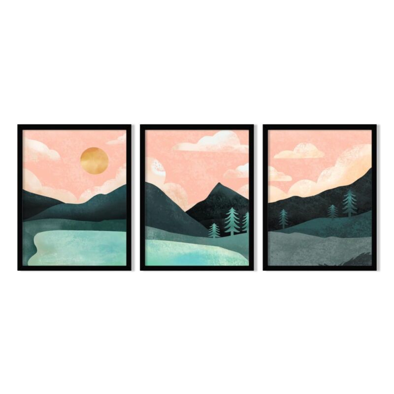 تابلو دکوراتیو طرح نقاشی آبرنگ طلوع خورشید در کوهستان مجموعه 3 عددی سایز 30در 40