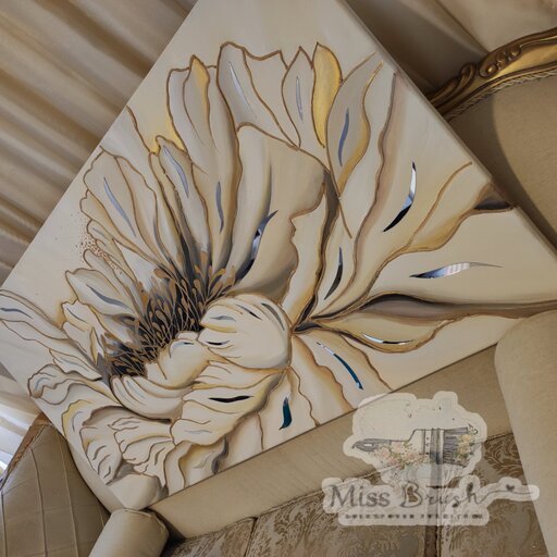 تابلو مدرن گل پهن  سفید طلایی آیینه کاری شده ( 130×70 سانتی متر )