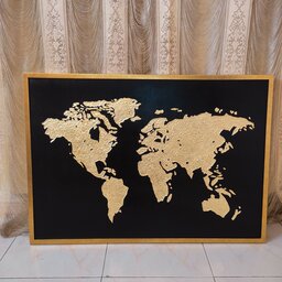 تابلو برجسته نقشه جهان کار شده با ورق طلا ابعاد  100در70