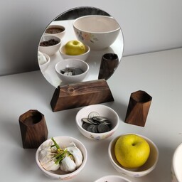 آینه و جا شمعی چوبی مناسب شمع سکه ای دستساز از  چوب روس قطر آینه 20 سانت
