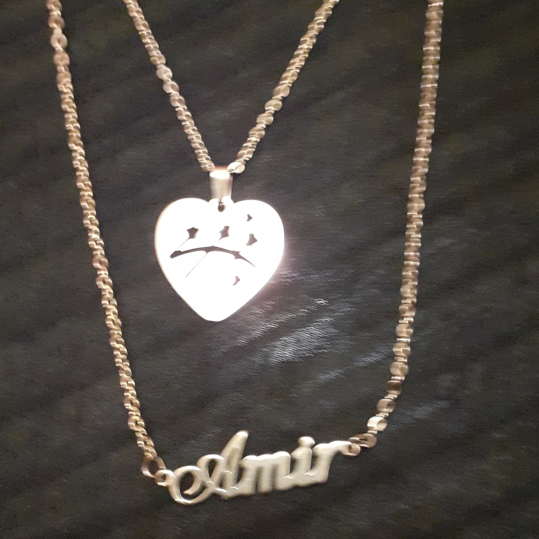 گردنبند دو ردیفه پلاک اسم امیر و قلب تمام استیل