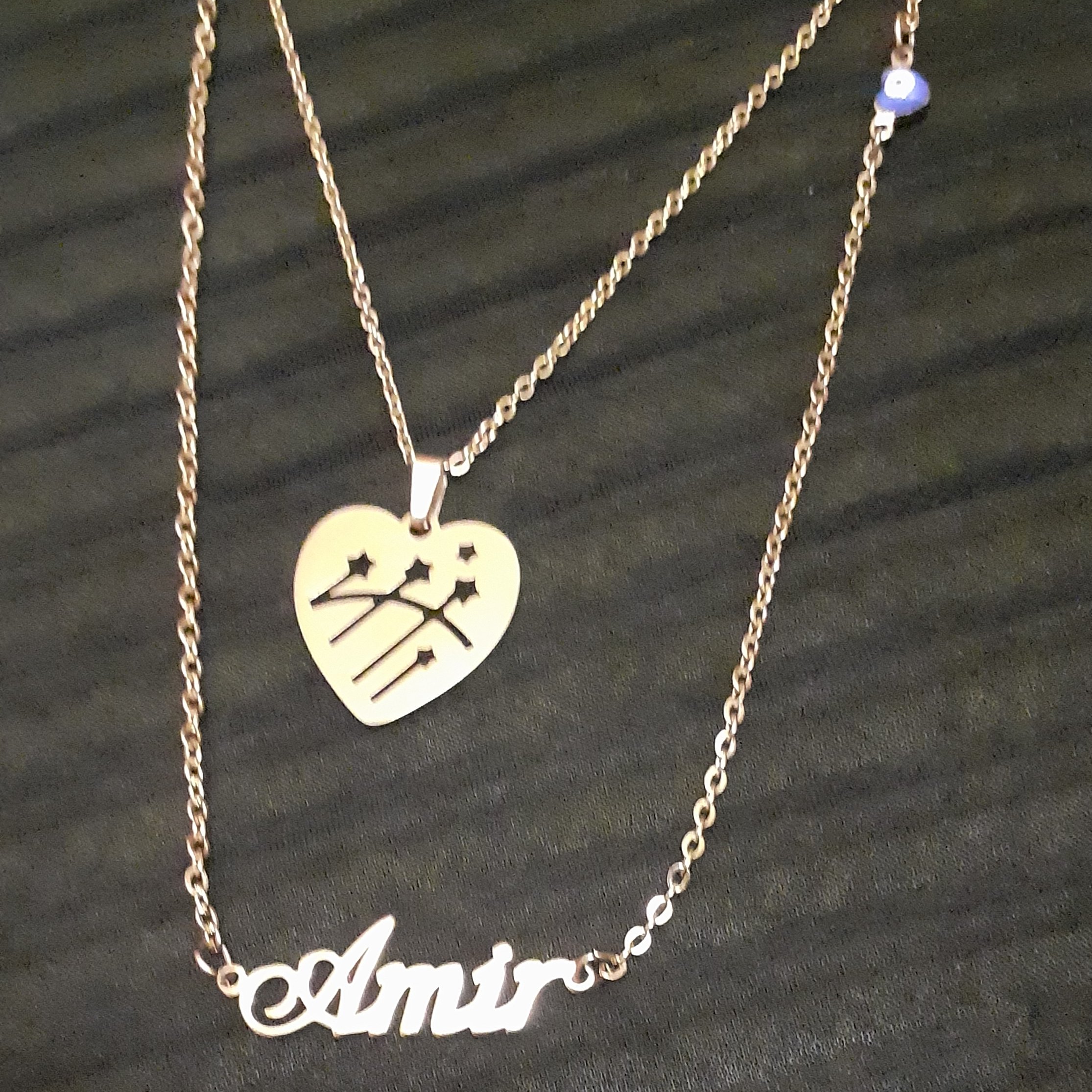 گردنبند دو ردیفه پلاک اسم امیر و قلب تمام استیل