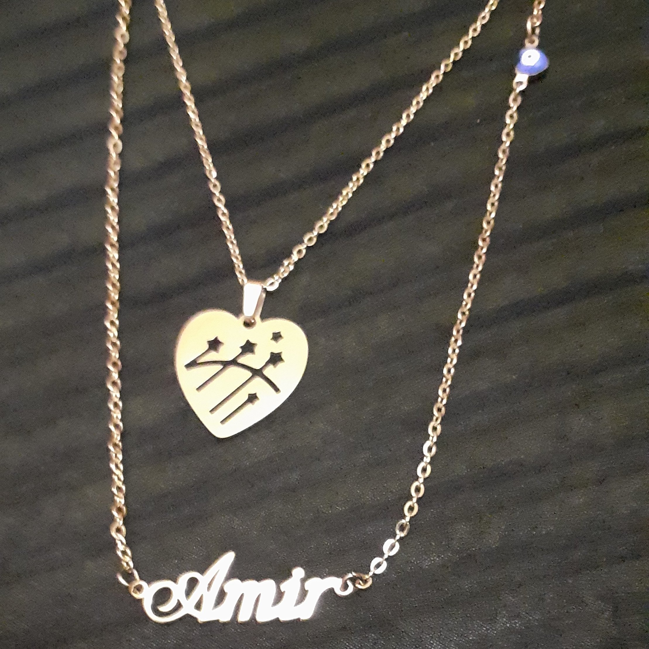 گردنبند دو ردیفه پلاک اسم امیر و قلب تمام استیل