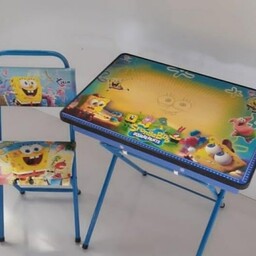 میز تحریر باکسدار  با صندلی طرح باب اسفنجی با چاپ uv اکلیلی برجسته (مدل پایه رنگی)   (با کارتون شکیل مخصوص میز و صندلی) 