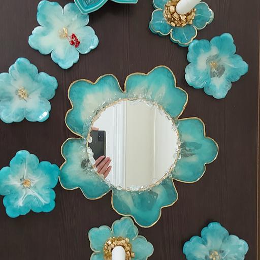 هفت سین طرح گل فیروزه ای رزینی 9 پارچه همراه با آینه و شمعدان