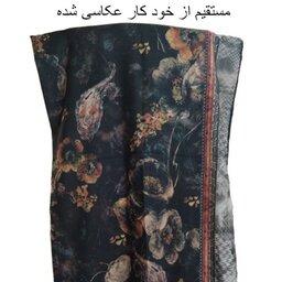 روسری نخی 125 دست دوز تک طرح گل و برگ حاشیه دار