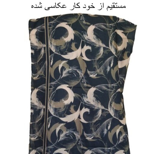 روسری نخی 125 دست دوز  تک طرح برگ انتزاعی چاپ خیس سبز کرم