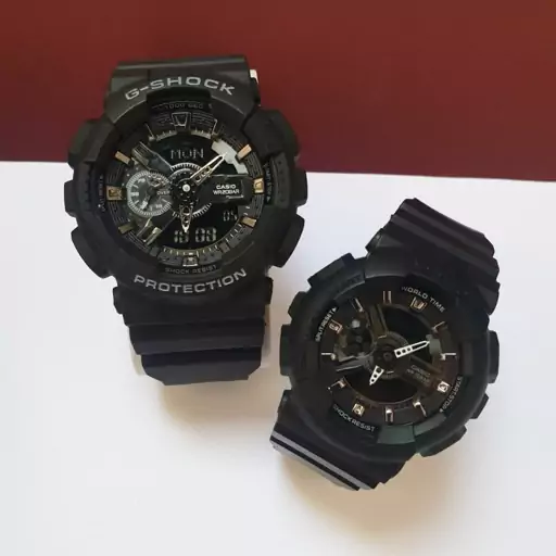 ساعت ست مردانه زنانه جی شاک اصلی اسپرت ضد آب موتور ژاپن بند زرین مشکی  g shock