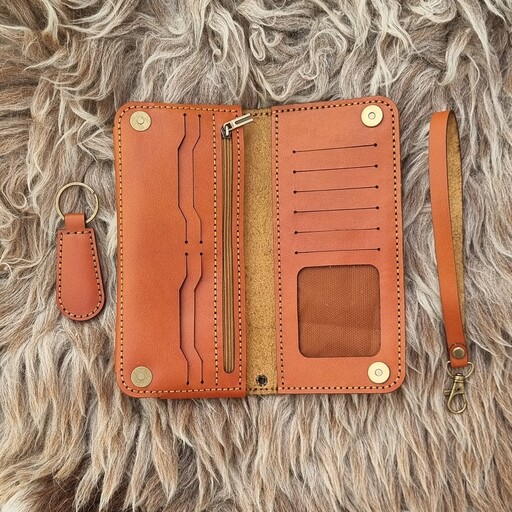 کیف  چرم طبیعی دستدوز (کیف پول و موبایل) به همراه جاکلیدی و بند دستی