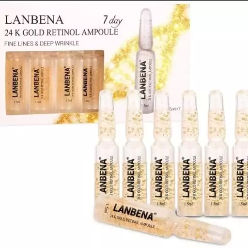 آمپول(کوکتل) رتینول طلای 24K
7 روزه لانبنا
LANBENA 24K GOLD RETINOL AMPOULE
FINE LINES & DEEP WRINKLE