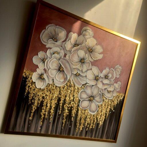 تابلو نقاشی گل های بهاری برجسته و آینه کاری شده تکنیک آکریلیک  و ورق طلا