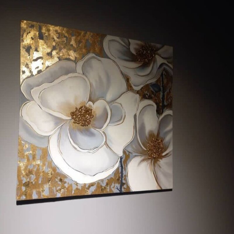 تابلو نقاشی گل نسترن - تابلو دکوراتیو رنگ روغن کار شده با سنگ های طلایی_ کار شده با ورق طلا