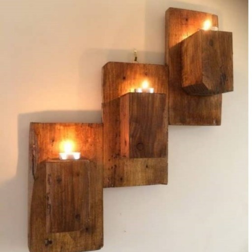 جا شمعی دیواری پله ای زیبا   چوب طبیعی قهوه ای روشن و تیره