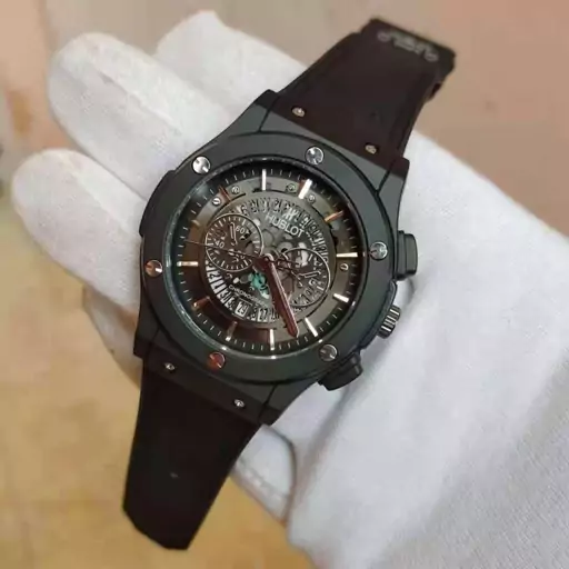 ساعت هابلوت مردانه Hublot watch  کیفیت قوی بدنه چرمی و حک لوگو با جعبه و ارسال 