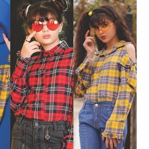 شومیز جدید مجلسی دخترانه سرشانه باز چهارخانه زرد (مناسب 10 الی 11 سال)