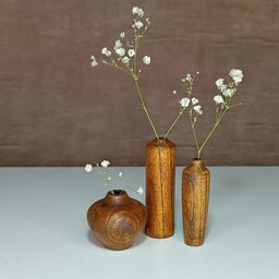 ست گلدان چوبی بند انگشتی سه تایی در ابعاد کوچک خراطی شده در ارتفاع 2و نیم تا 5سانت
