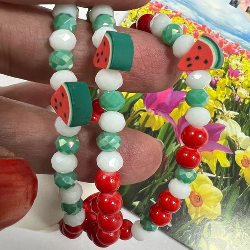دستبند   پک سه تایی مهره ی قرمز و سبز و هندونه ای 