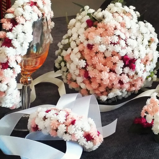 دسته گل  عروس ست کامل تاج و مچ بند و گل داماد در رنگبندی