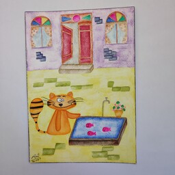 نقاشی (تصویرسازی) انتزاعی گربه کنار حوض آبرنگ سایز A5 