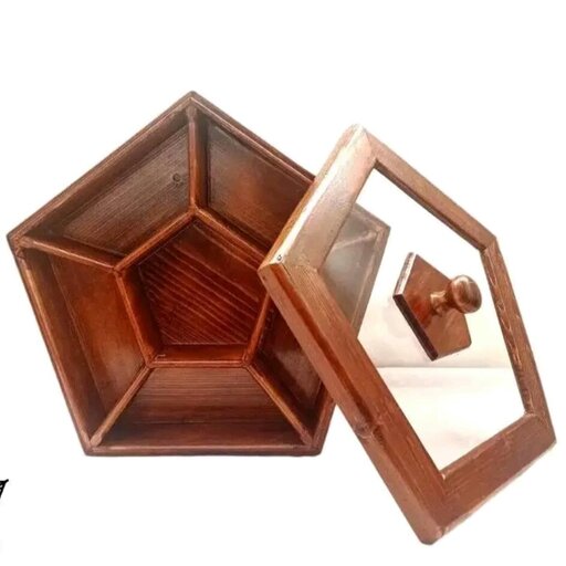 جعبه تی بگ درب دار پنج ضلعی چوبی رنگ قهوه ای تیره چوب روس ضد آب پوشش روغن گیاهی هِمل