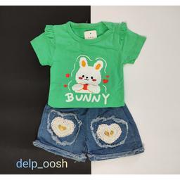 تی شرت و شلوارک لی خرگوش،تک رنگ(رنگ سبز) مناسب یک و دو و چهارسال،جنس عالی،خنک