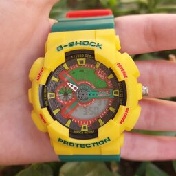  ساعت  جیشاک دو زمانه (دیجیتالی-عقربه ای) با ترکیب رنگ سبز -قرمز و زرد ساعت ویژن