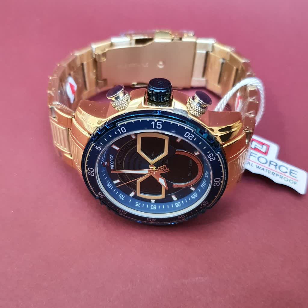 ساعت مچی مردانه ناویفورس اورجینال صفحه آبی بند طلایی Naviforce