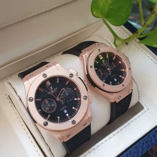 ساعت مچی ست مردانه و زنانه هابلوت بند رابر روکش چرم  صفحه سیاه HUBLOT 