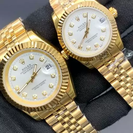 ساعت مچی ست مردانه و زنانه رولکس مدل مشهور دیت رنگبندی بدنه طلایی صفحه آبی_سفید_مشکی  ROLEX DATEJUST 