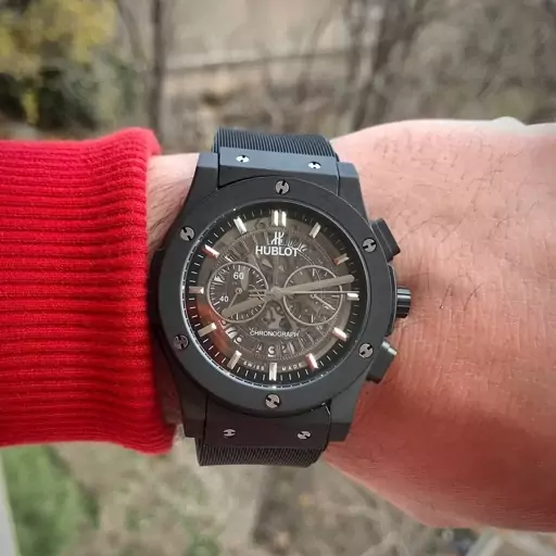 ساعتمچی مردانه هابلوت مشکی رنگ جنس بدنه استیل hublot