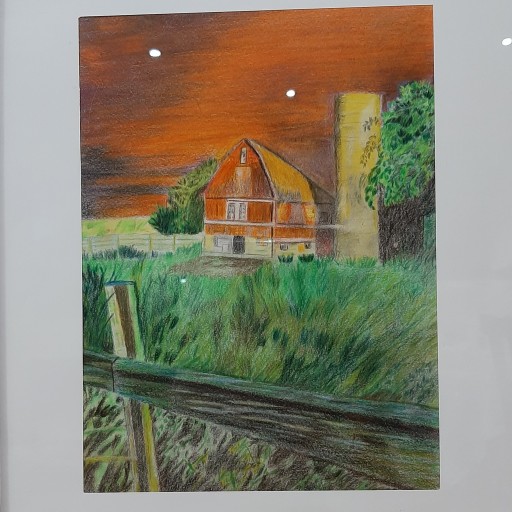تابلو نقاشی مداد رنگی با قاب شیشه دار (غروب مزرعه)