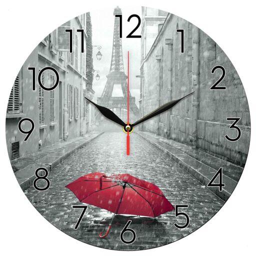 ساعت دیواری گرد مدل 1297 طرح چتر قرمز و باران و برج ایفل پاریس قطر 30 سانتیمتر