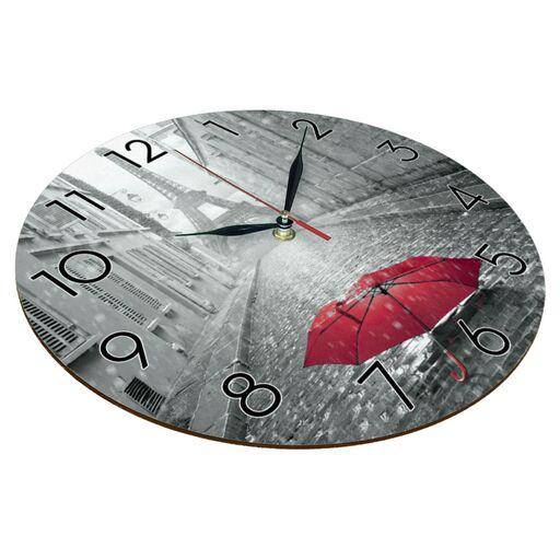 ساعت دیواری گرد مدل 1297 طرح چتر قرمز و باران و برج ایفل پاریس قطر 30 سانتیمتر